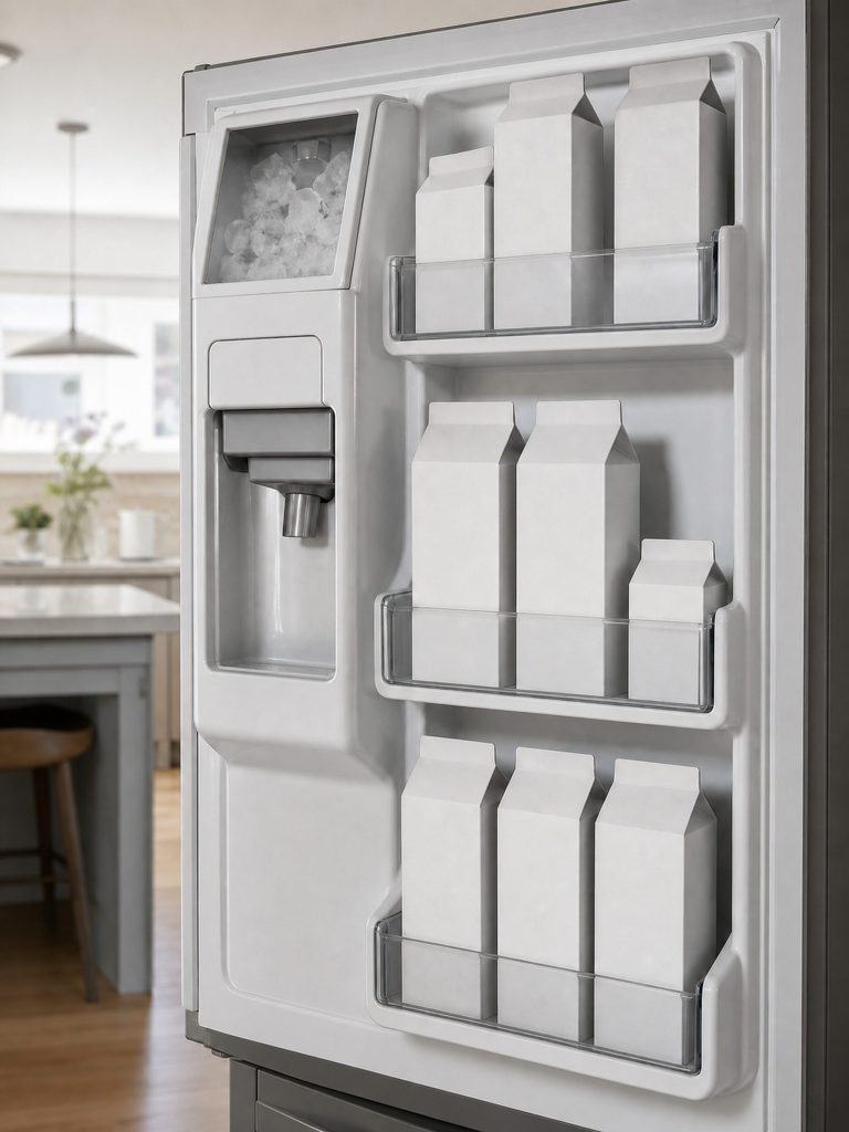 the inside of the left-hand door with the ice compartment and water outlet built into it — this SKU's own arrangement