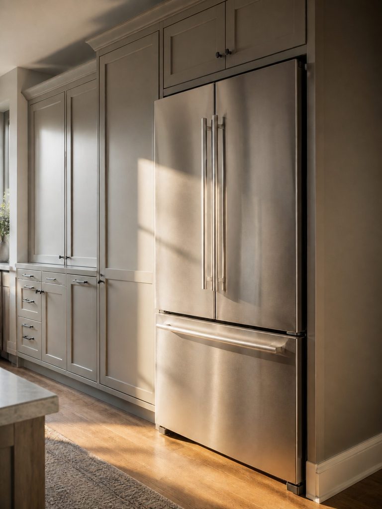 a tall French door refrigerator closed at the end of a full-height run — the plain three-door in a family kitchen
