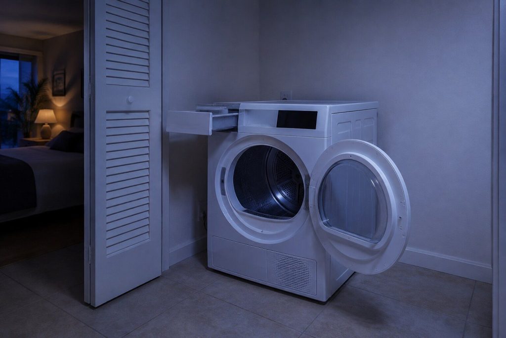 a front load dryer in a laundry closet with NO duct behind it — this SKU is the ventless one