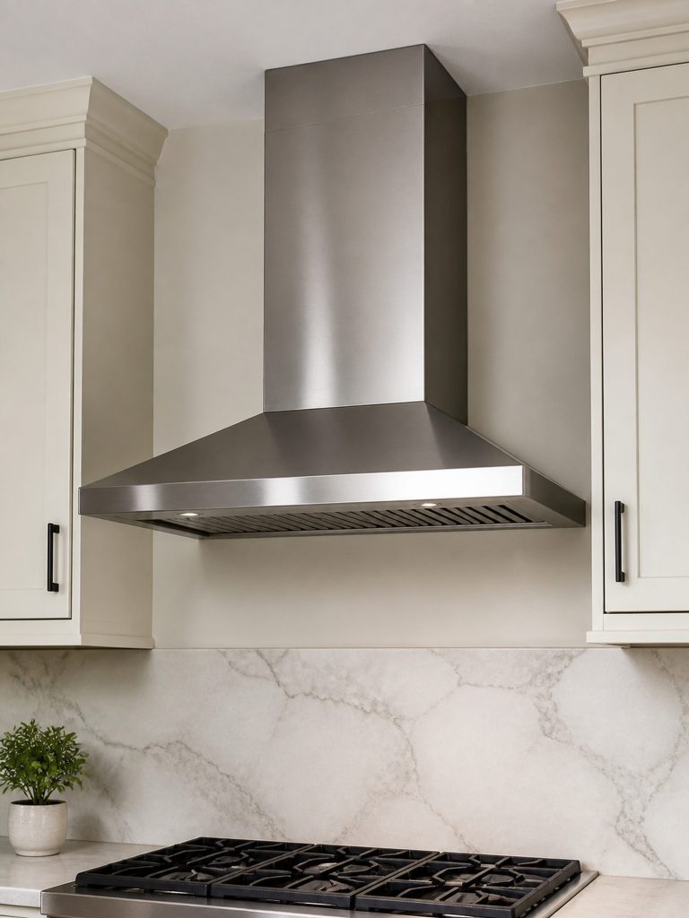a 30-inch wall canopy hood with its chimney to the ceiling