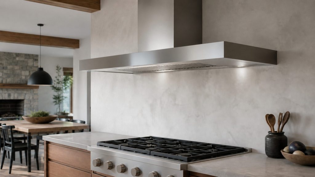 a wider wall canopy hood above a range in an open plan