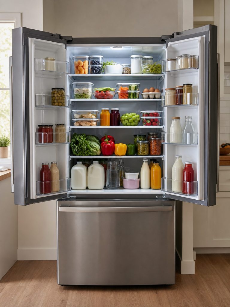 both doors open on five loaded glass shelves — the 22 cu ft three-door doing the job it is bought for