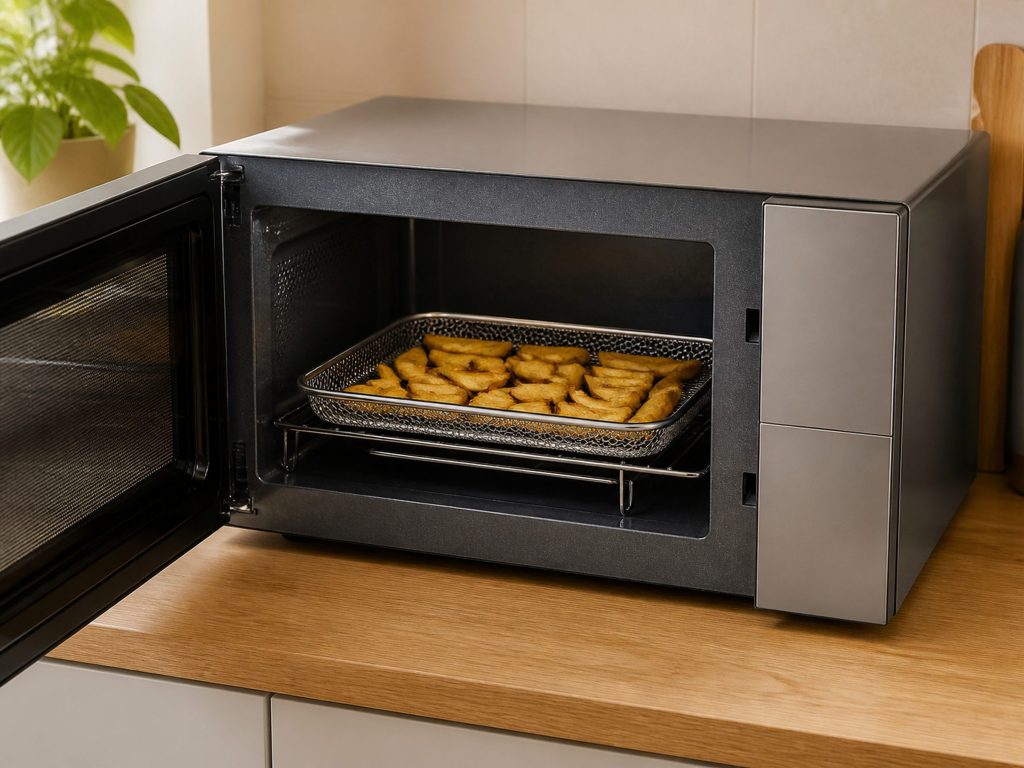 an air-fry basket on the rack inside an open countertop microwave — this SKU is the one that air fries