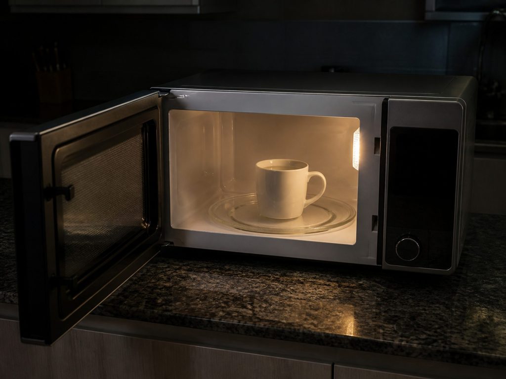 a countertop microwave with the door open and the cavity lit, a mug on the turntable