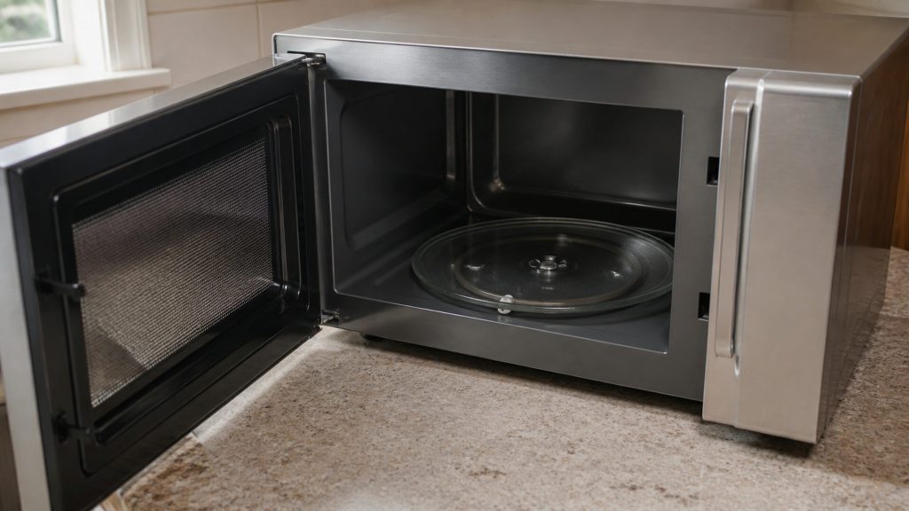 a large-capacity countertop microwave from slightly above with the door open