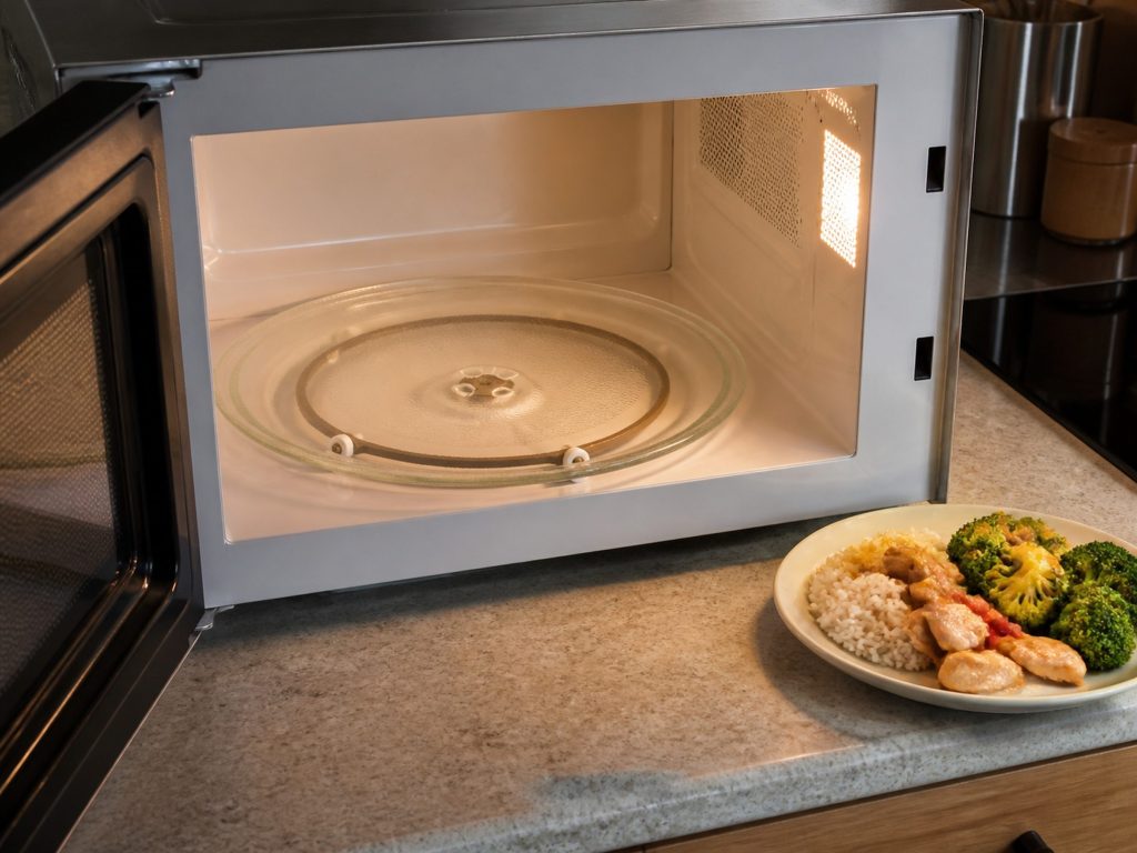 the glass turntable and roller ring inside a countertop microwave