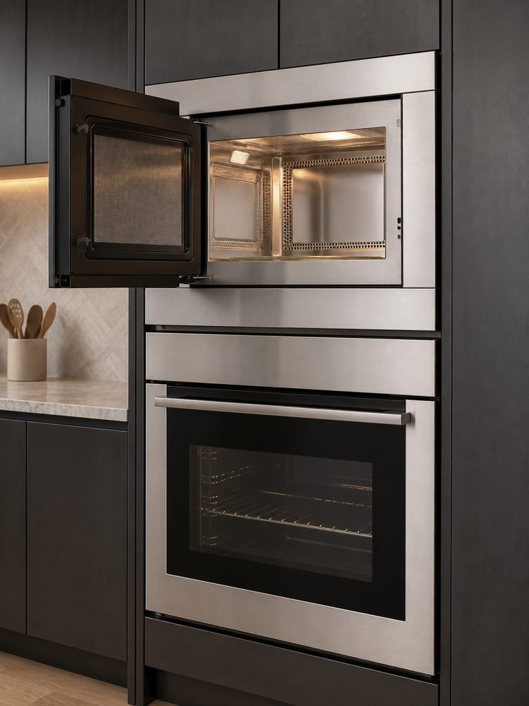 a combination wall oven with the upper microwave door open and the oven below — this SKU is the combi