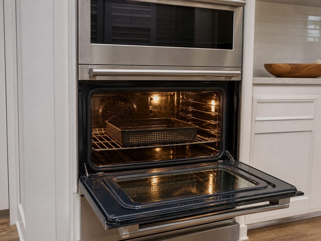 an air-fry basket on a rack in the lower cavity of a double wall oven