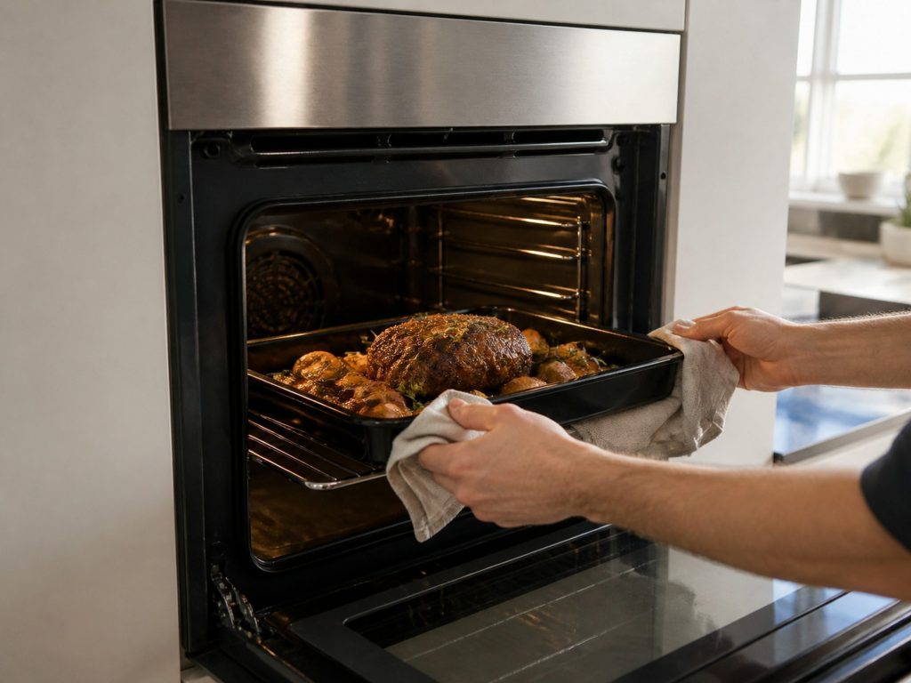 a single wall oven at eye height, a roasting tray going onto the middle rack