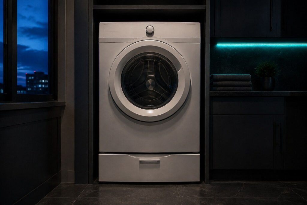 A full-size front-load washing machine with a round door, standing on top of a SHALLOW DRAWER-HEIGHT washing machine about a quarter of its height — the lower unit is a flat pull-out drawer front with a small handle and no round door at all, roughly knee high.