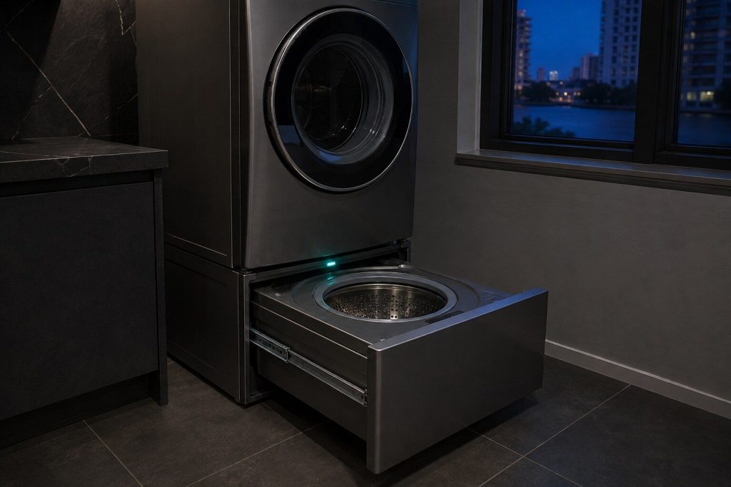 A shallow drawer-height washing machine built in beneath a full-size front-loading washer, its own small drum drawn out on runners like a drawer and standing open.