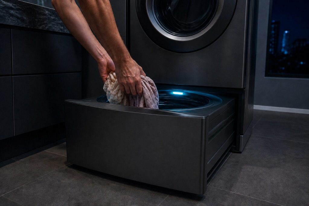 Two hands lowering a single small bundle of delicates into the open drawer of a pedestal washing machine at floor level, the big machine above it closed.