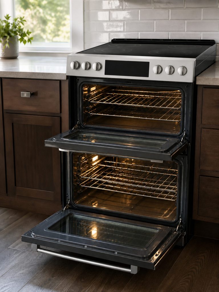 both oven doors dropped open, the small upper cavity and the large lower one — this SKU is the double oven