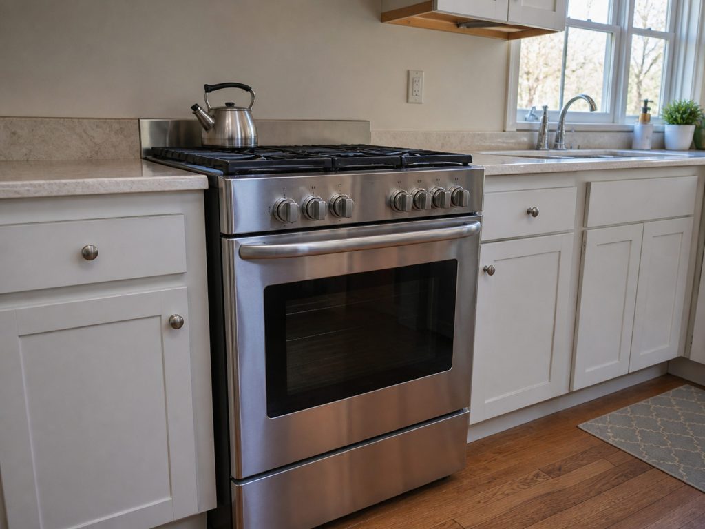 a freestanding stainless range slotted between base cabinets, cooktop clear