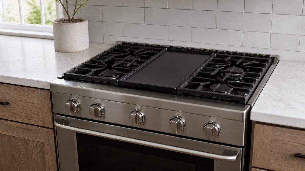 a gas range with the griddle plate fitted over the center burner