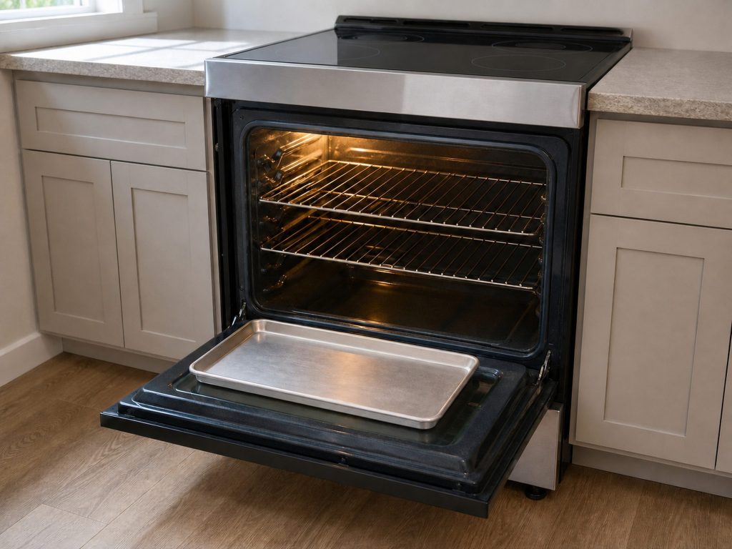 the oven door open and the cavity lit, two racks in place
