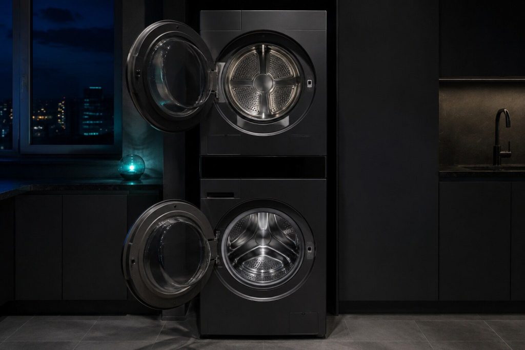 The same kind of single tall laundry cabinet with both of its doors swung open at once, the washer drum below and the dryer drum above, the control panel between them dark.