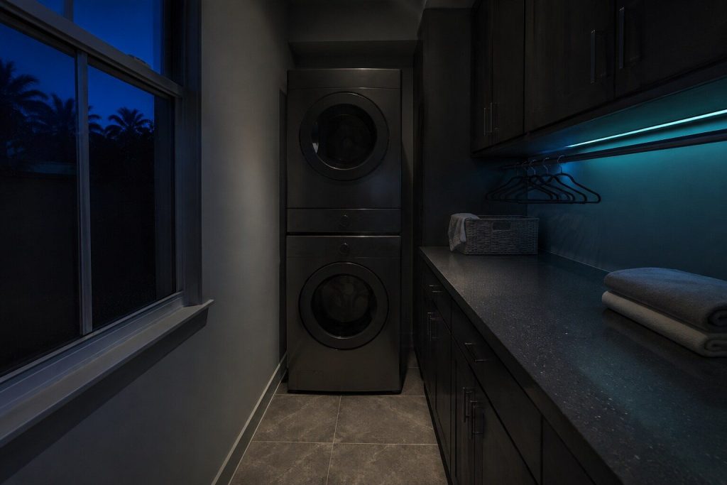 A tall one-piece stacked laundry unit standing at the end of a narrow utility run beside a folding counter and a hanging rail, seen from a few steps back at night, a window showing dark blue behind.