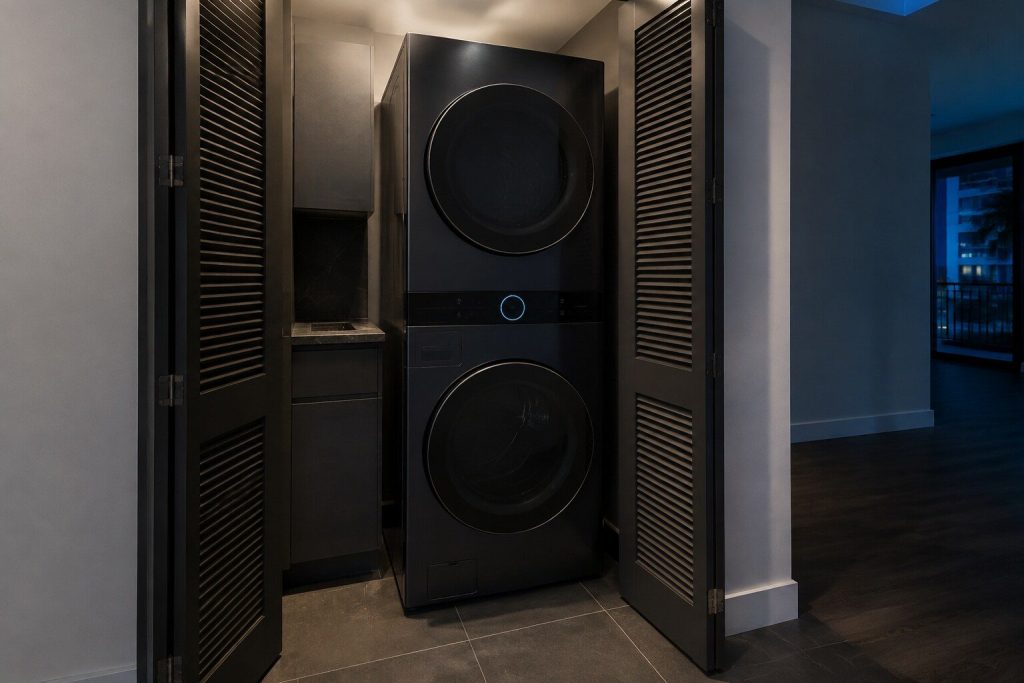 A tall single laundry cabinet standing in a condominium laundry closet holding a washing machine below and a dryer above as ONE unit, with a single control panel set into the middle of the front between the two doors at eye height.