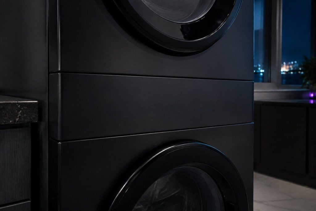 A close three-quarter view of the middle of a stacked one-piece laundry unit: the flat control panel band running across the front at chest height with a plain dark surface, the top of the washer door below it and the bottom of the dryer door above it.
