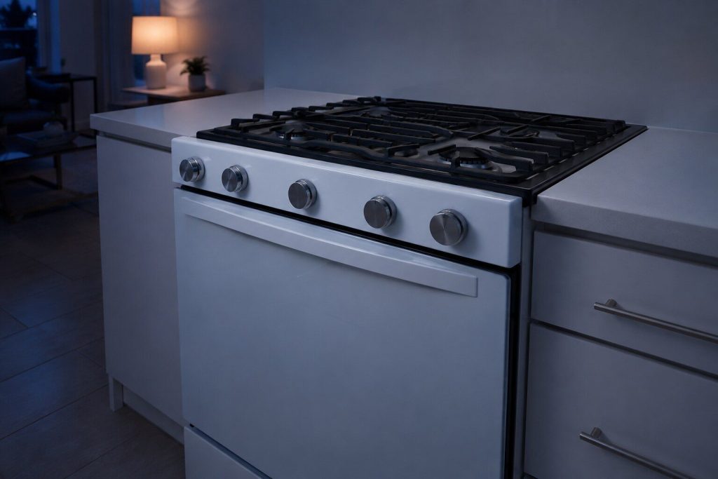 a gas range with a white glass front and heavy cast grates