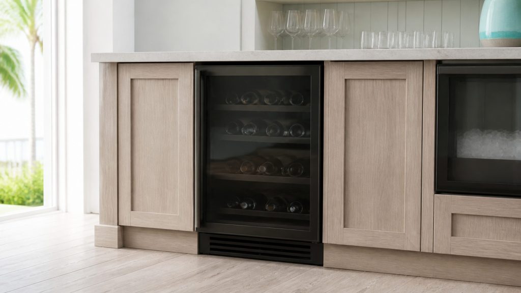 a built-under wine cooler with a dark glass door, bottles lit within — this SKU is the 24-inch cellar