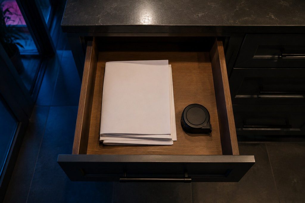 A kitchen drawer pulled open on a stack of plain folded paper booklets and a tape measure, the covers blank.
