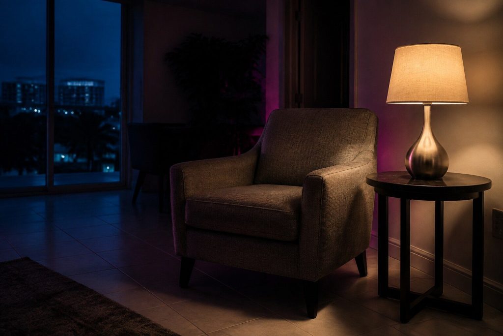 A corner of a living room at night: an armchair, a side table and one lit lamp, the rest of the room dark.