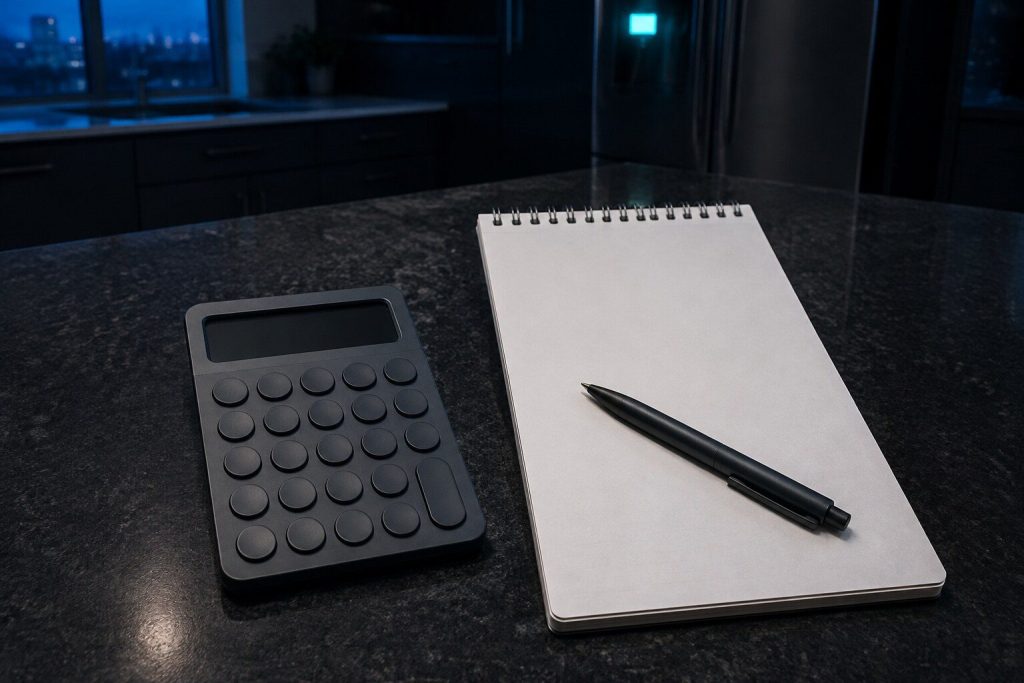 A calculator and a spiral notepad lying on a dark counter, a pen across the pad, nothing written.