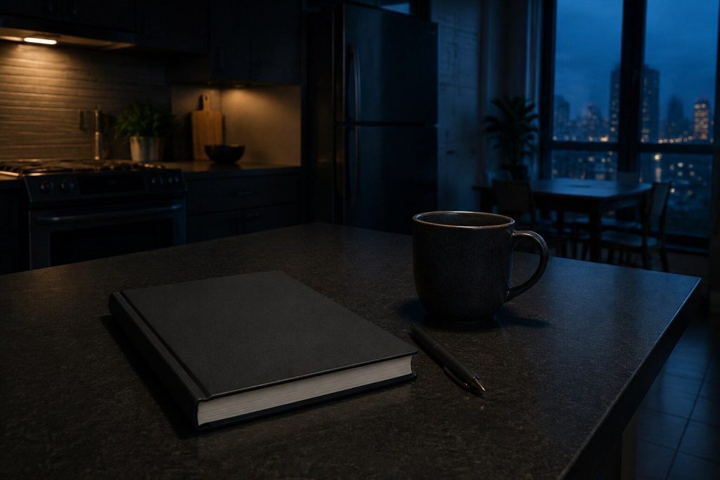 A closed diary and a pen lying on a dark counter beside a mug in the evening, one warm light.