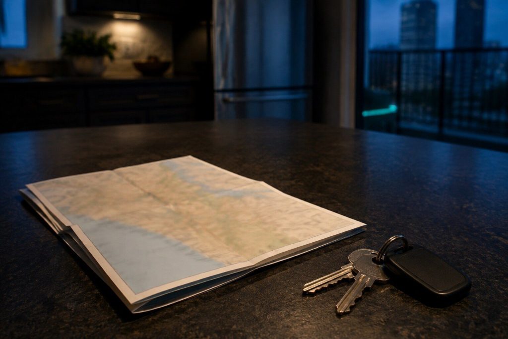 A folded paper map lying on a dark counter beside a set of van keys, the print too soft to read.