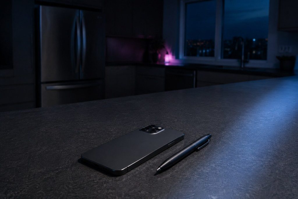 A phone lying face down on a dark stone counter beside a pen, one cool light across the corner of the frame.