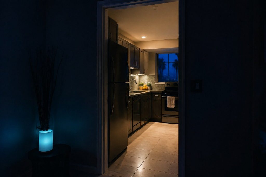 A dark hallway looking through an open doorway into a lit kitchen beyond, the near room in shadow and the far one warm.