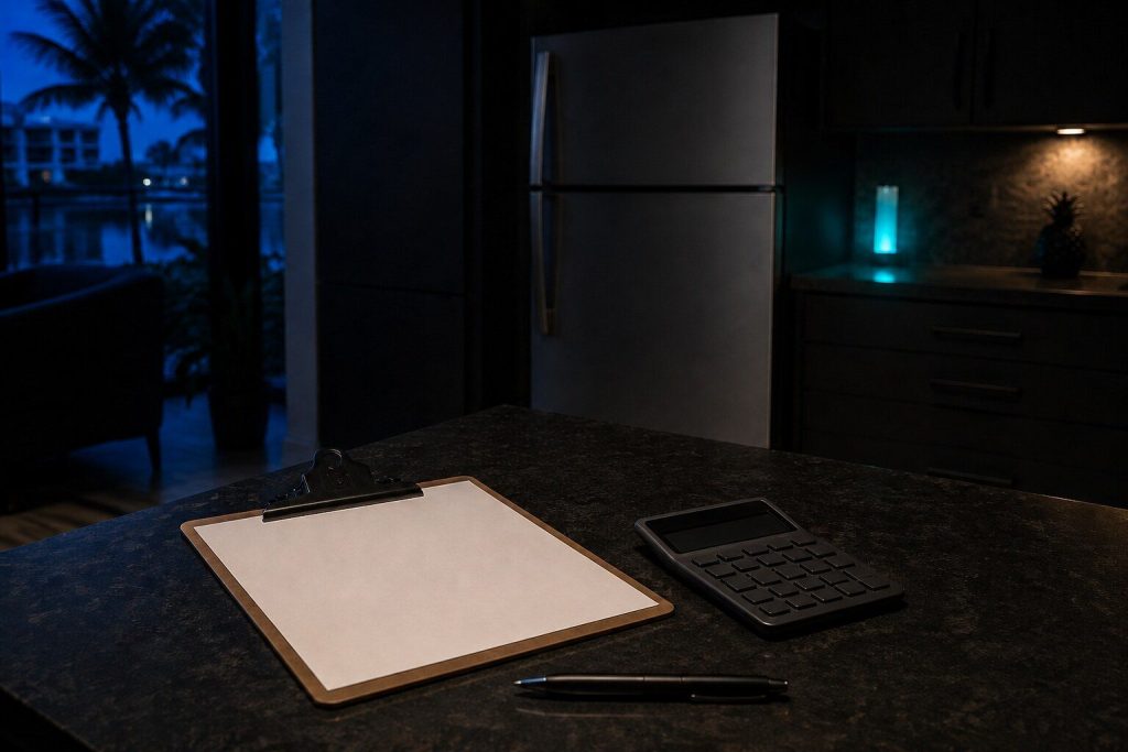 A dark kitchen counter at night with a clipboard, a calculator and a pen lying on it, an appliance out of focus behind.