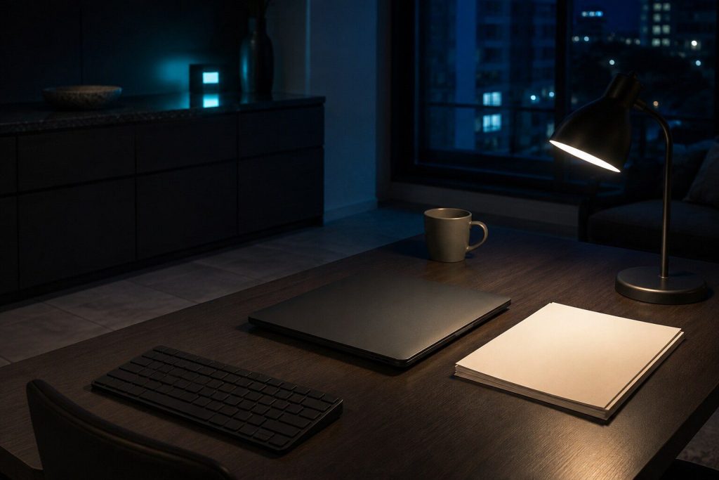A desk in a dim room at night: a keyboard, a closed laptop, a mug and a stack of blank paper, one lamp throwing a warm pool across the corner.