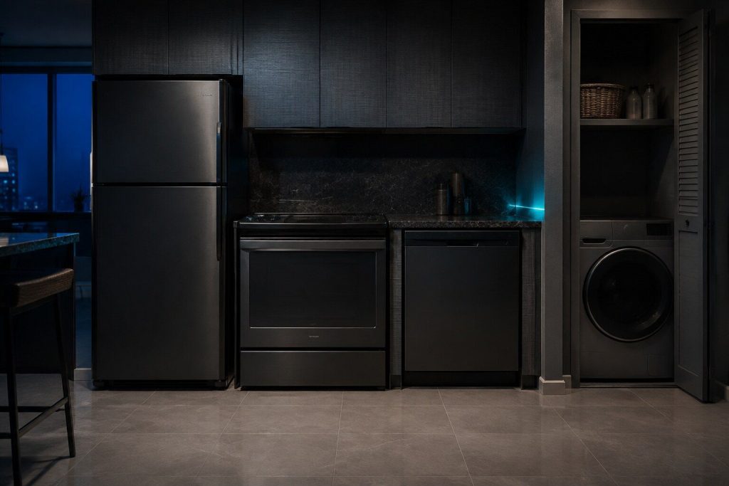A run of four closed appliance doors along one dark wall of a kitchen at night, all of them flush and unlit, seen square on from a little way back.