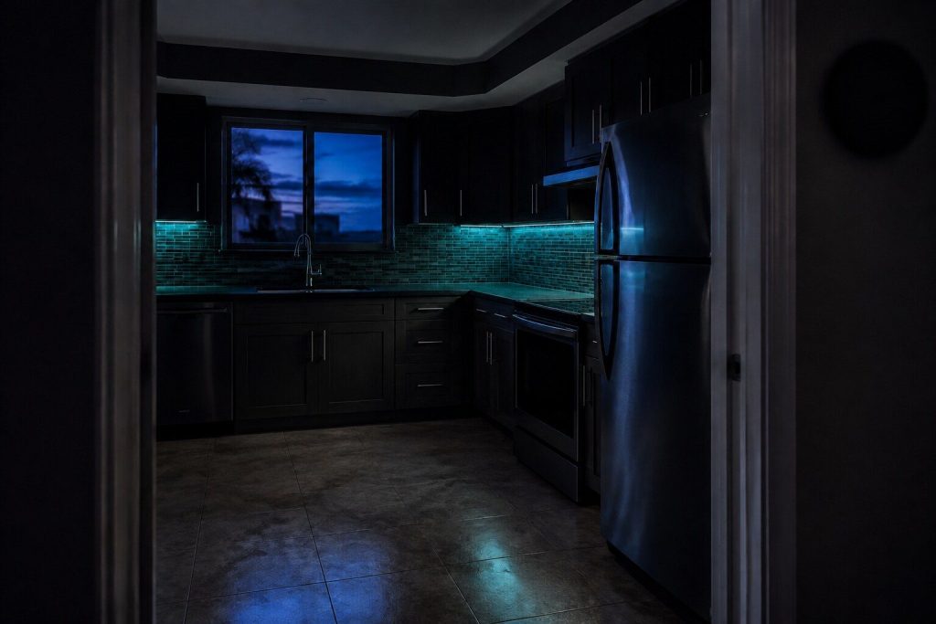 A dark kitchen at dusk seen from the doorway with a wall clock reading nothing legible and the counters clear, blue light through the window.