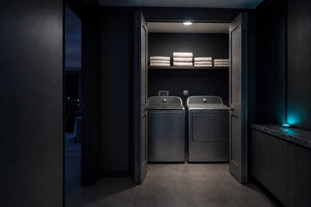 A condominium laundry closet at night with its folding doors open on two freestanding machines standing side by side, a shelf of folded towels above them.