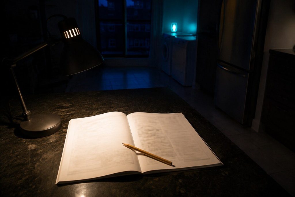 An open paper manual lying flat under a desk lamp in an otherwise dark room, the printed page soft enough that nothing can be read, a pencil resting across it.