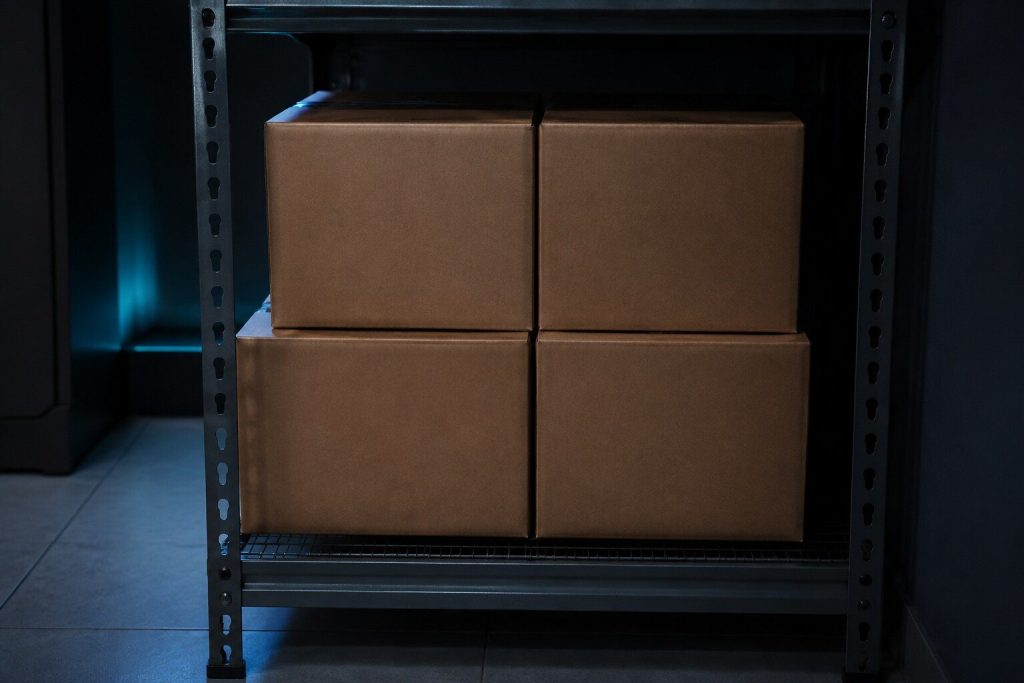 Four plain unmarked cardboard boxes stacked on a steel shelf in a dim store room, no labels of any kind on them.