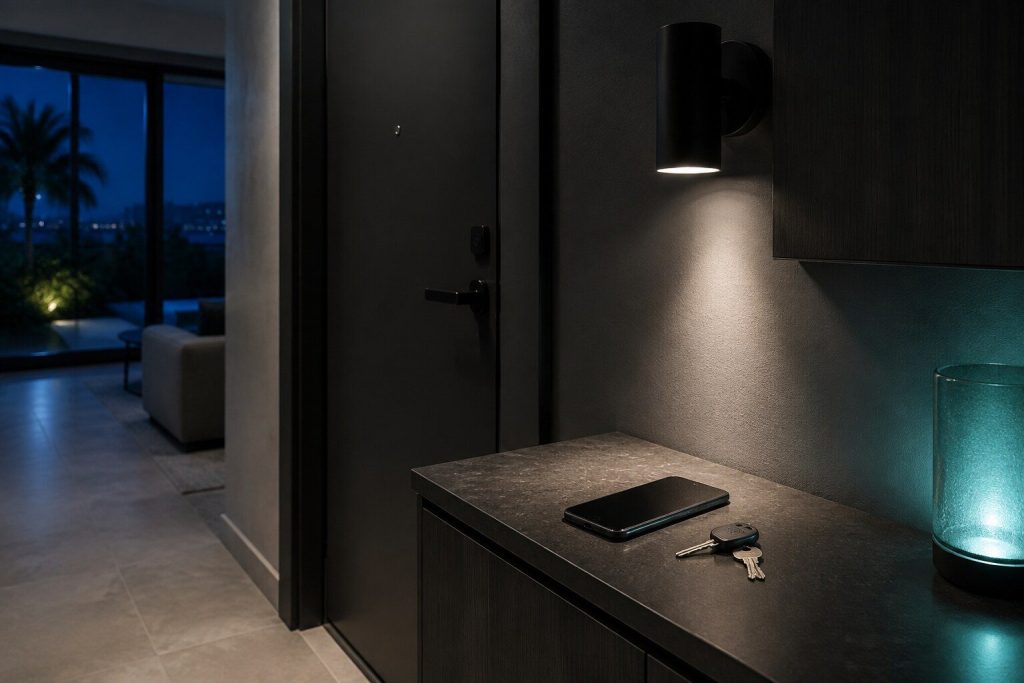 A phone and a set of keys lying on a narrow console table by a front door in the evening, one lamp above them.