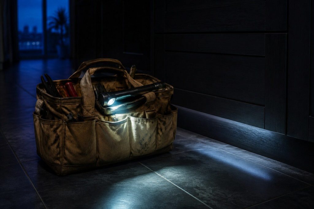 An open canvas tool bag standing on a dark tile floor beside a kickboard, a torch lying on top of it throwing a low pool of light.