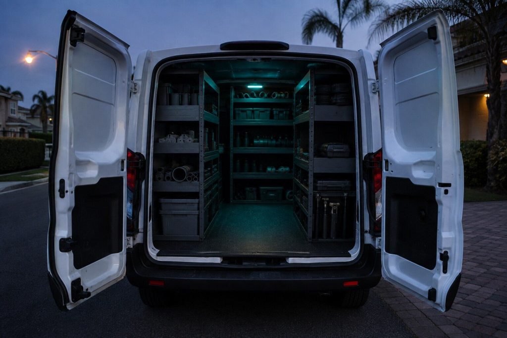 The open rear doors of a plain white service van at dusk with shelved parts inside, parked on a residential street.