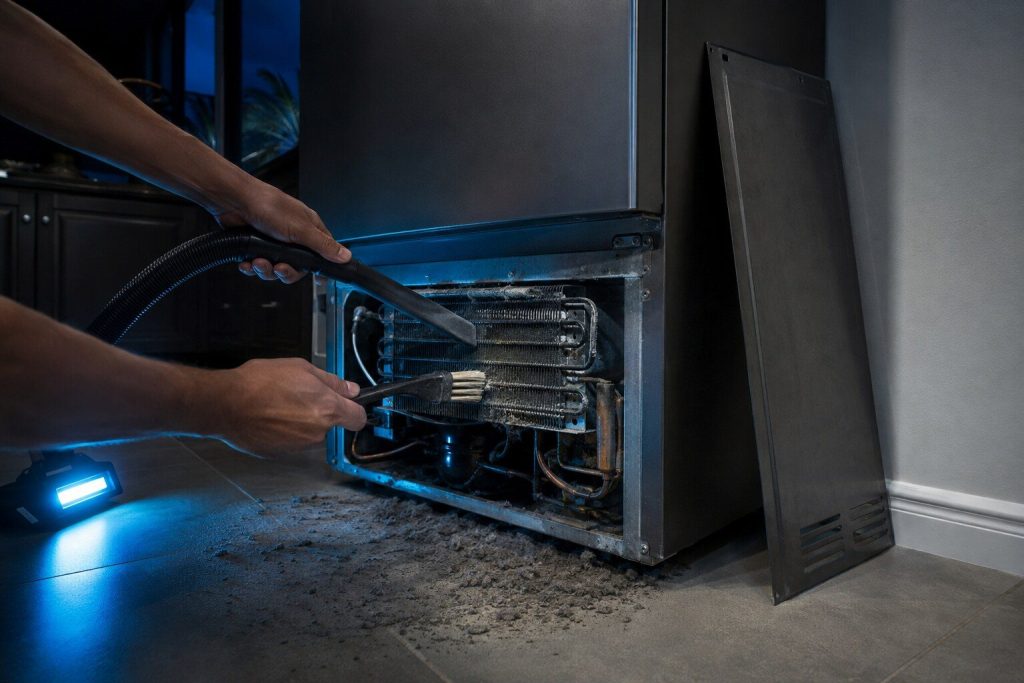 A vacuum crevice tool and a soft brush working along the fins of a condenser coil behind the bottom rear panel of a freestanding refrigerator, the panel leaning against the wall and a mat of grey dust already on the floor.