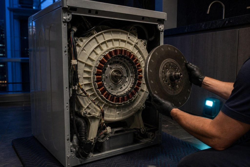 A large flat magnet rotor lifted off the back of a washing machine's outer tub and held to one side, the ring of stator windings still bolted to the tub behind it.