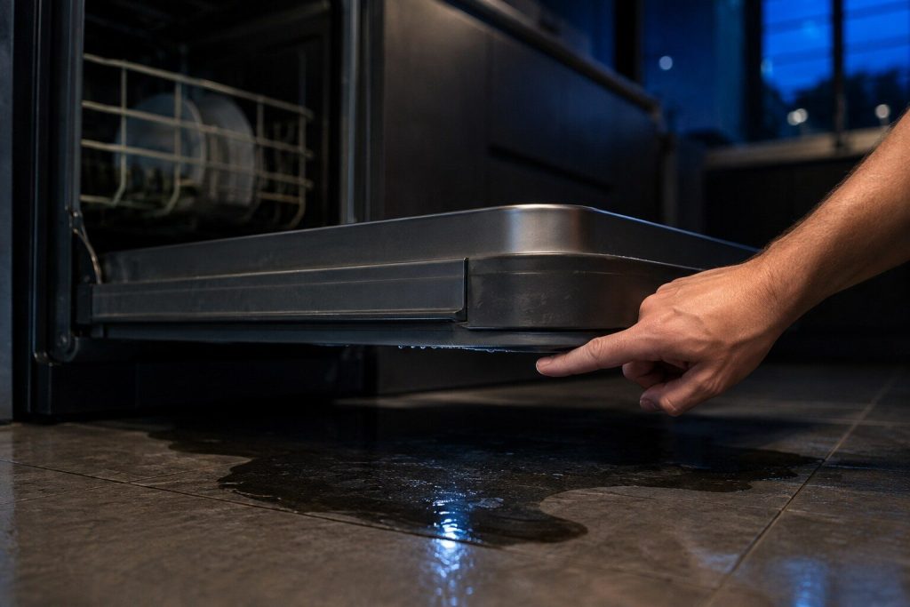A finger tracing a wet line along the bottom edge of an open dishwasher door where the seal meets the tub, a dark puddle on the tile below catching the light.