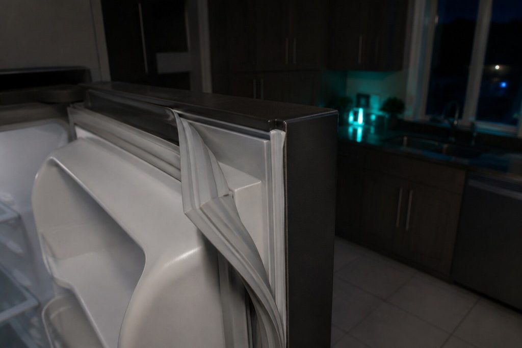 A rubber door gasket peeled back from one corner of a refrigerator door to show the channel it sits in, the door open and swung out into a dark kitchen.