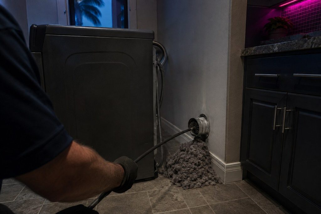 A long rotary duct brush being fed into the elbow of a dryer duct at the wall behind a dryer pulled out onto the floor, a heap of grey lint already pulled clear beside it.