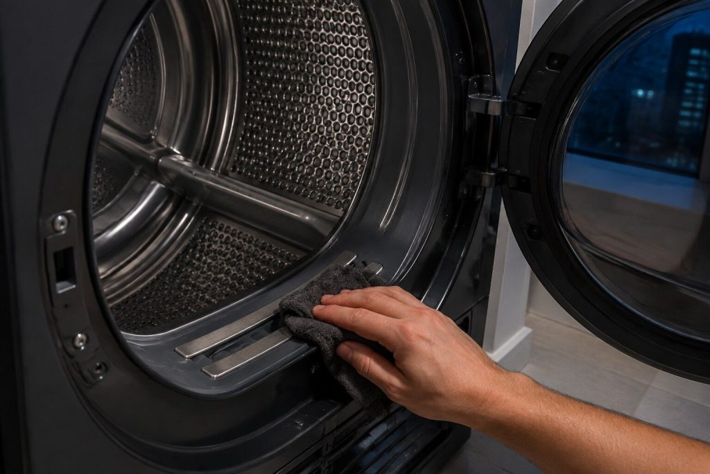A cloth wiping along two metal sensor strips set into the inside of a dryer drum near the lint screen opening, the door open and the drum otherwise empty.