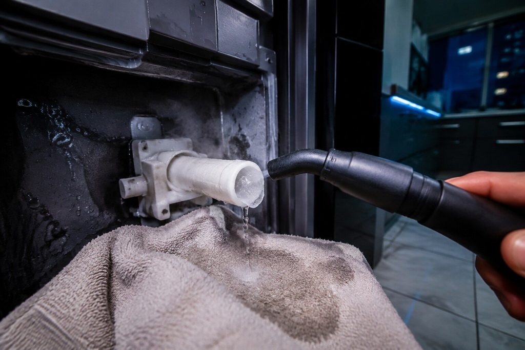 A narrow plastic fill tube at the back of an ice maker compartment being thawed clear, a plug of ice half melted at its mouth and a towel catching the drip below.